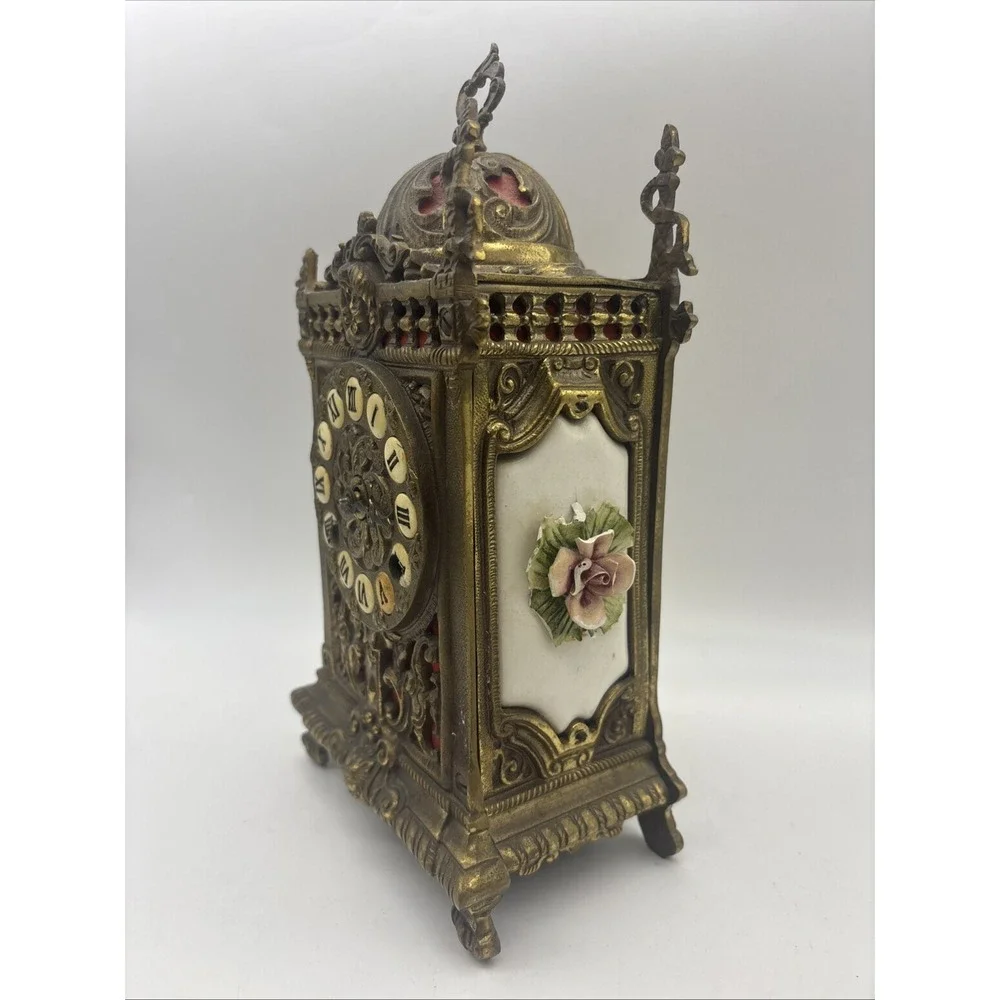 Antique Franz Hermle Ornate Brass Mantel Clock Mechanical 130-070 Roman Numerals